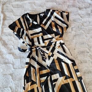Luxeology Geometric Black and Gold Wide Leg Jumpsuit - Size XL Petite Length